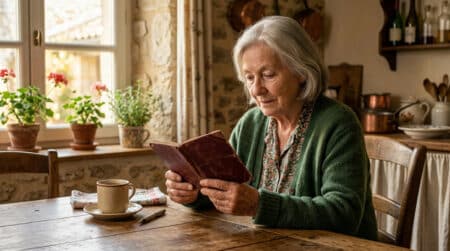 Femme âgée tenant un vieux livret de famille bordeaux