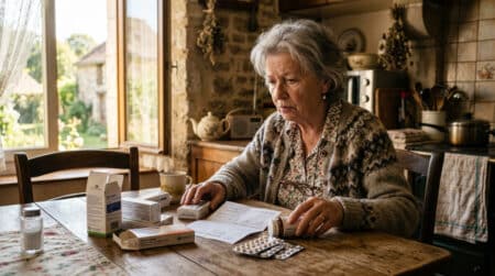 Femme âgée triant ses boîtes de médicaments à table