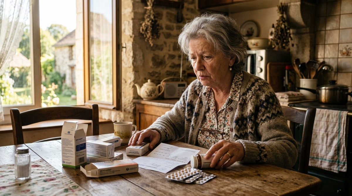 Femme âgée triant ses boîtes de médicaments à table