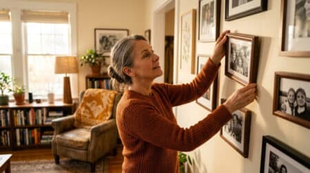 Femme ajustant un cadre photo penché sur un mur