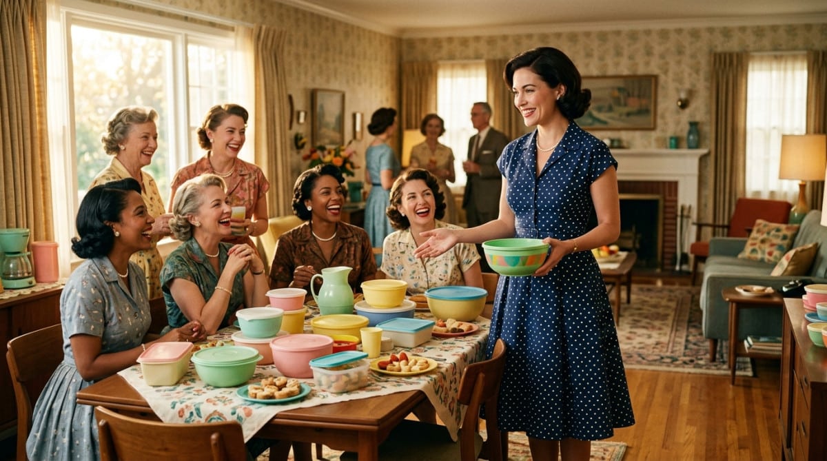Femme animant une réunion Tupperware chez des particuliers