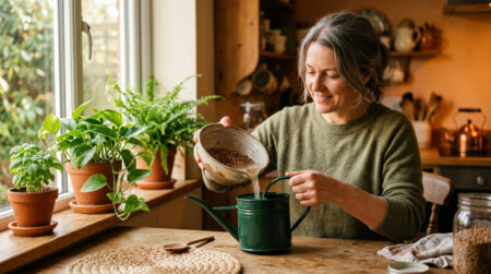 Femme arrosant une plante avec l'eau de trempage des lentilles