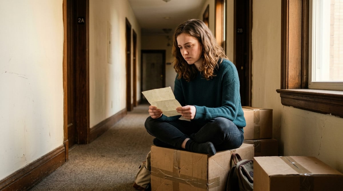 Femme assise sur un carton dans un couloir vide