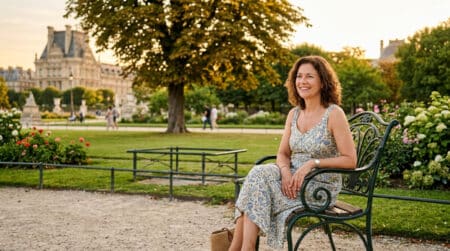 Femme assise sur un fauteuil vert dans un jardin parisien