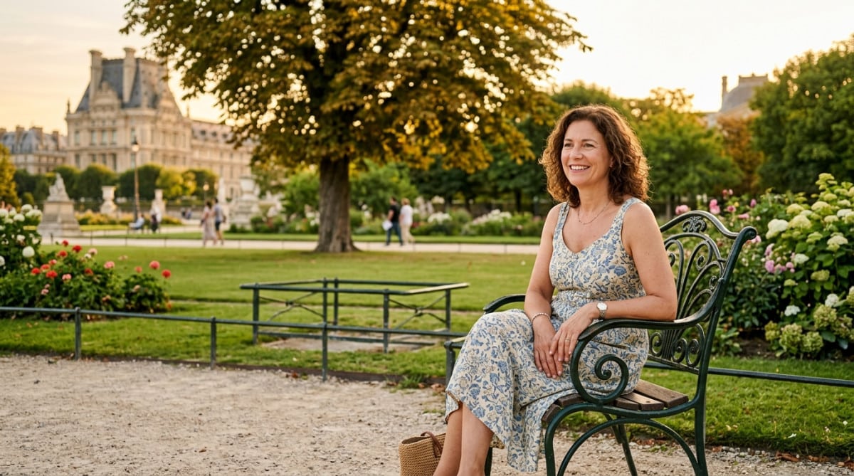 Femme assise sur un fauteuil vert dans un jardin parisien