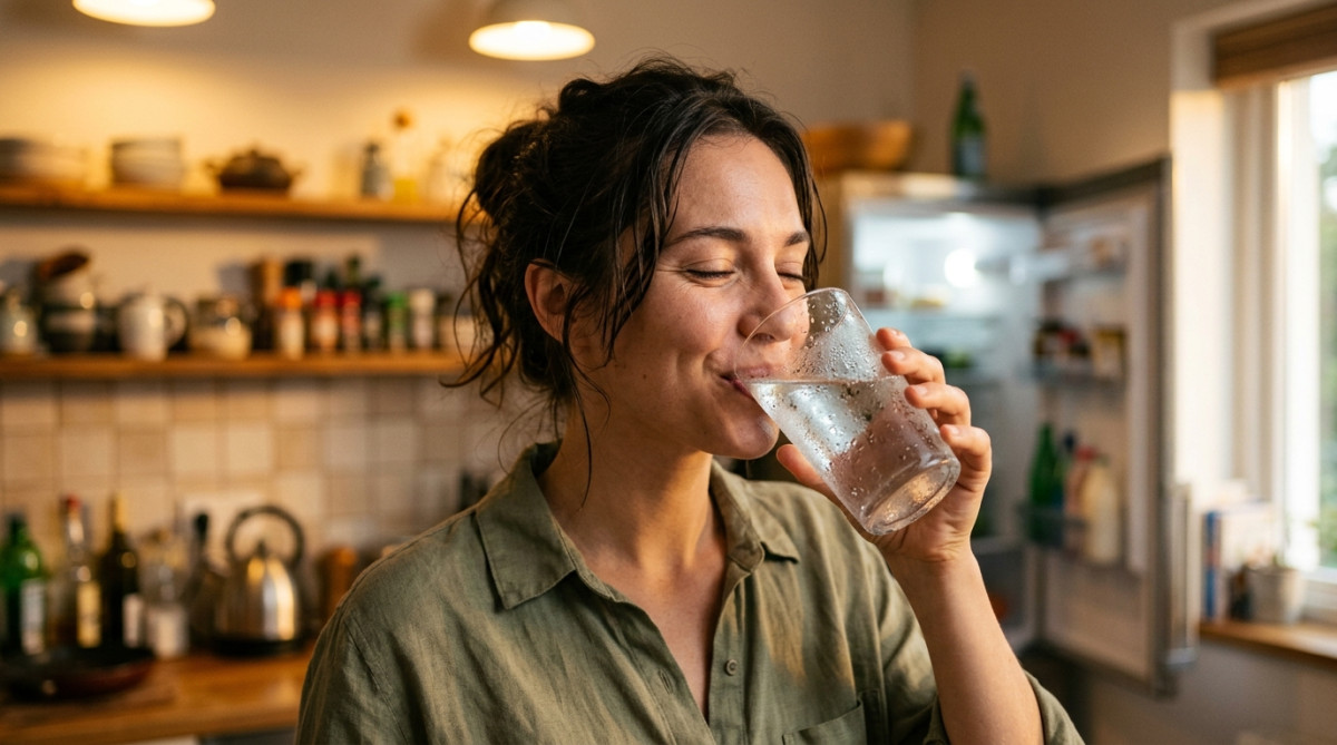 Femme buvant un verre d'eau froide glacée