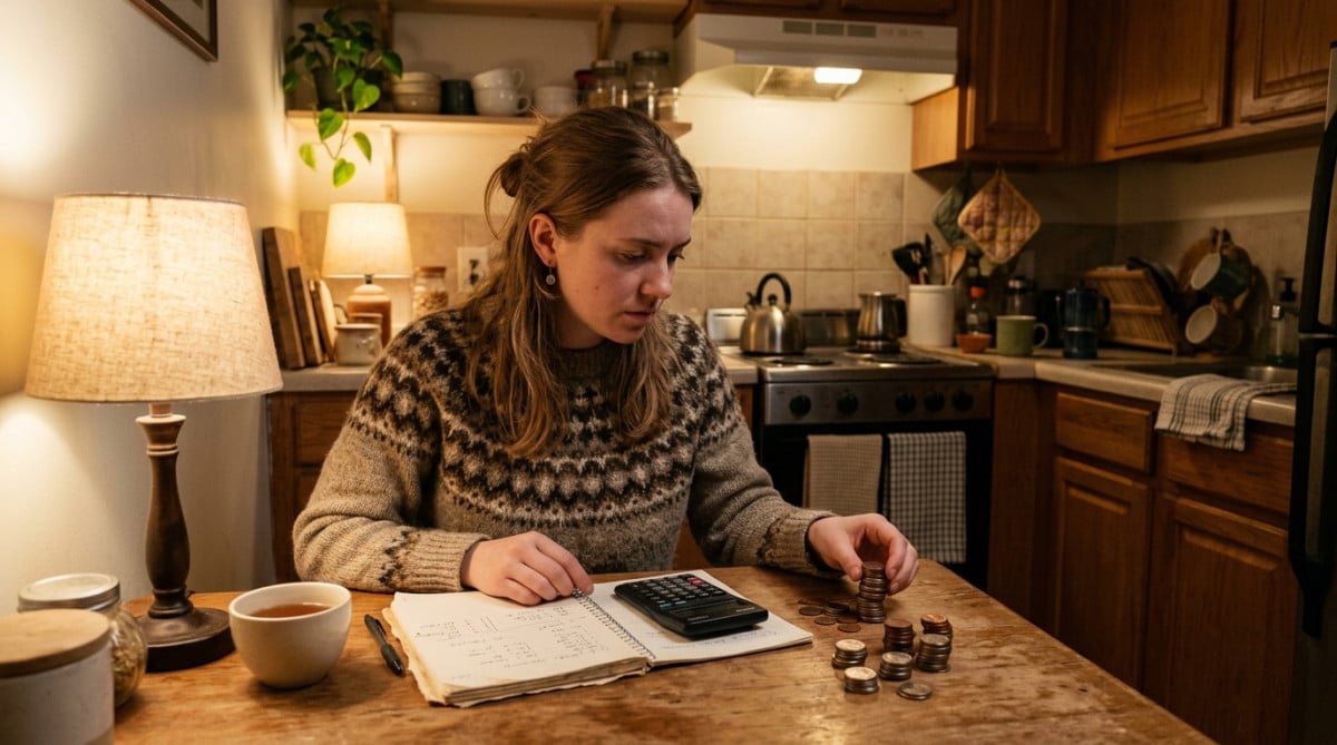 Femme calculant son budget mensuel dans sa cuisine