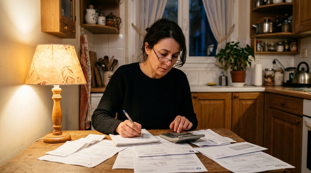 Femme calculant son budget mensuel serré