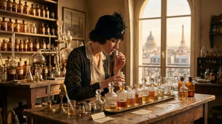 Femme choisissant un flacon de parfum dans un laboratoire vintage