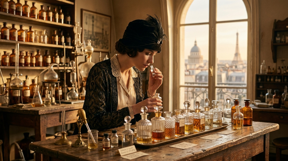 Femme choisissant un flacon de parfum dans un laboratoire vintage