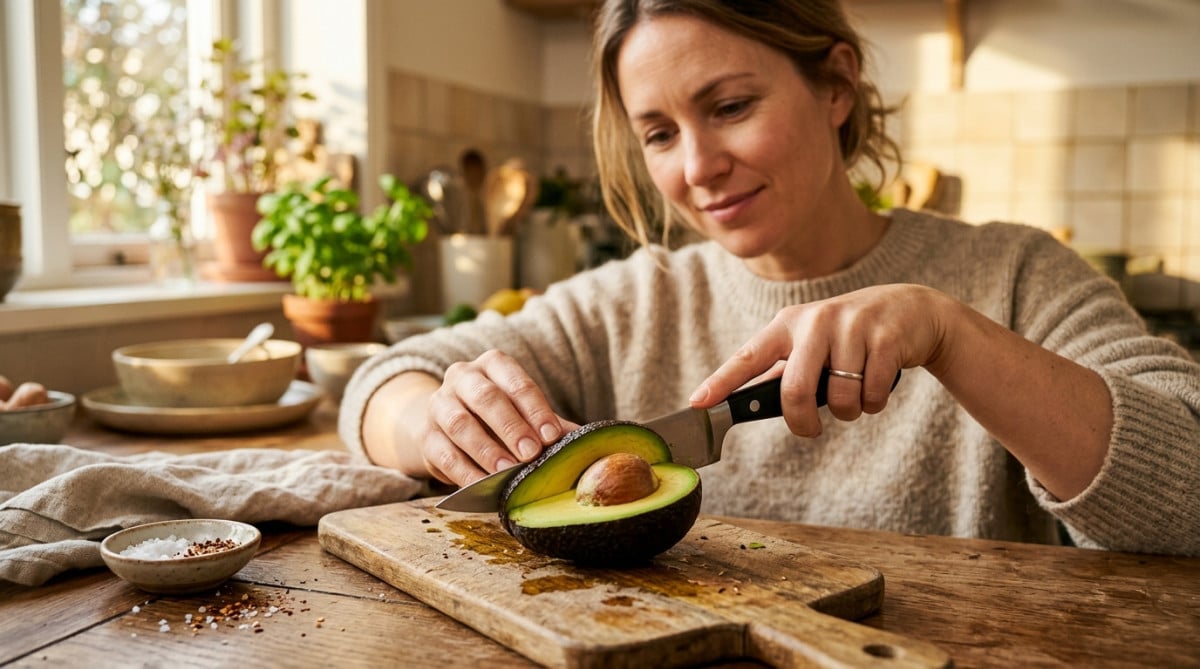 Femme coupant un avocat frais dans sa cuisine