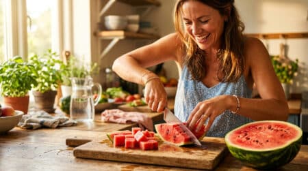 Femme coupant une pastèque en cubes dans une cuisine