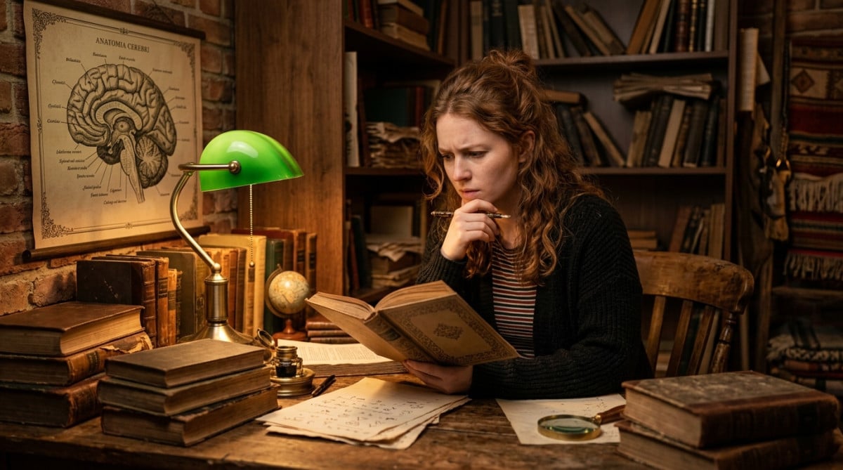 Femme curieuse entourée de livres sur le cerveau