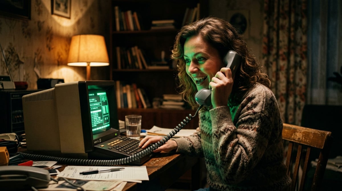 Femme éclairée par l'écran vert d'un Minitel la nuit
