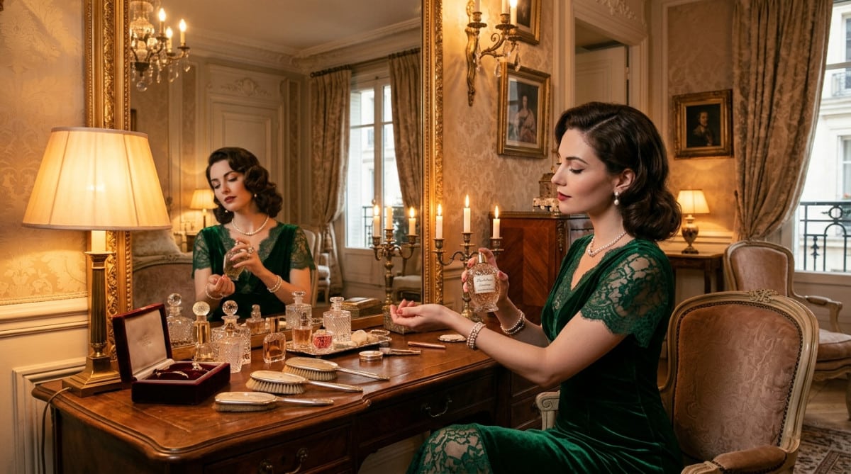 Femme élégante appliquant du parfum à sa coiffeuse
