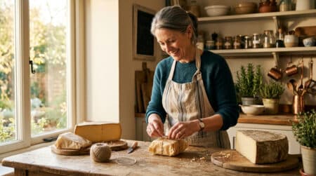 Femme emballant du fromage dans du papier sulfurisé