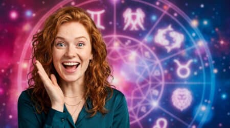 Femme émerveillée sous un ciel étoilé lumineux évoquant l'horoscope du 11 août 2026