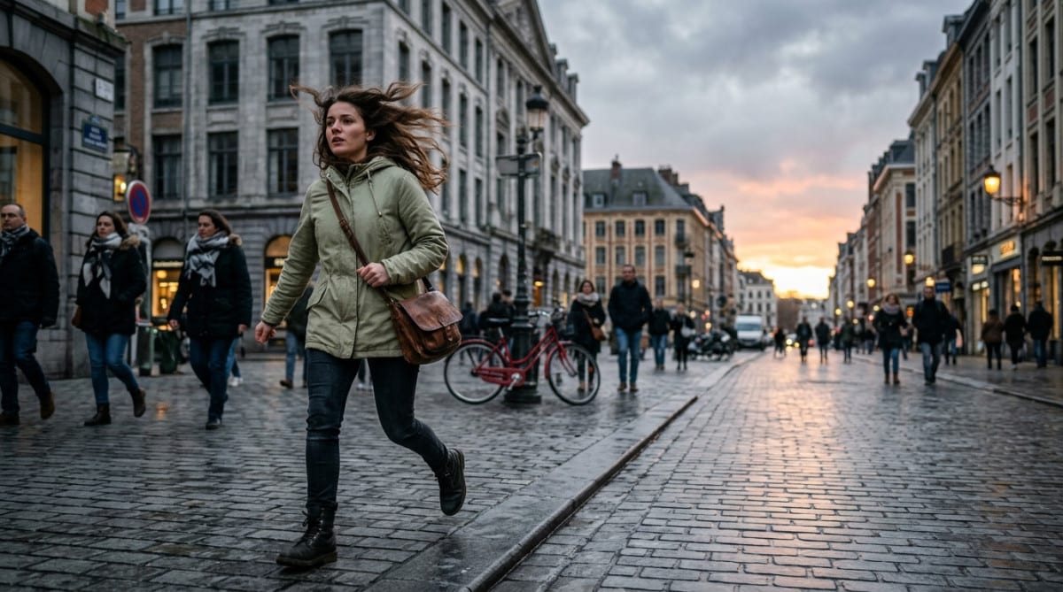 Femme emmitouflée dans une rue venteuse et fraîche à Lille