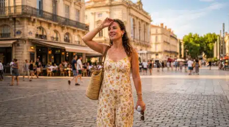 Femme en été sous forte chaleur en ville