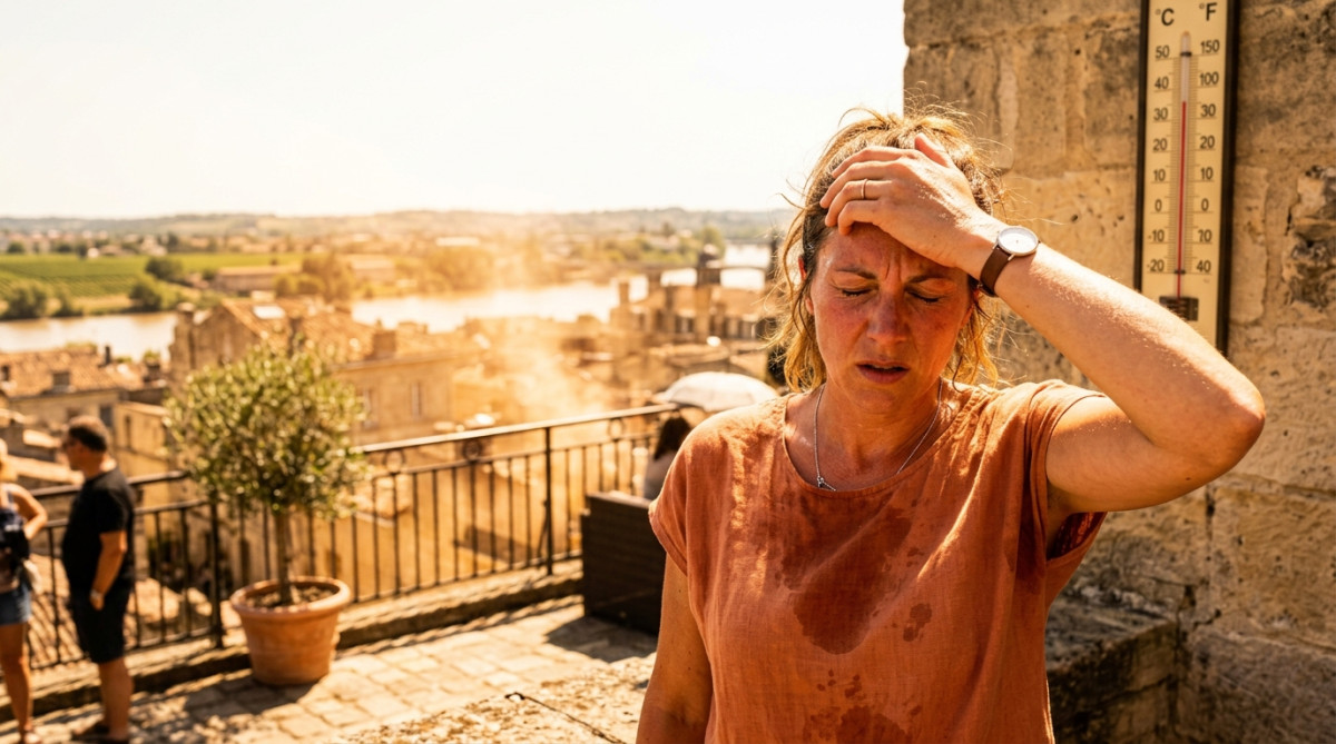 Femme en sueur sur une terrasse pendant la canicule à Bordeaux