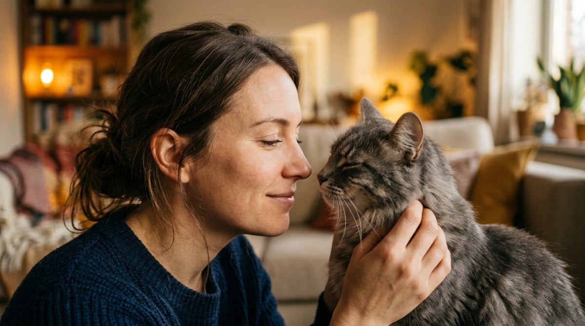 Femme et chat gris échangeant un clignement lent des yeux