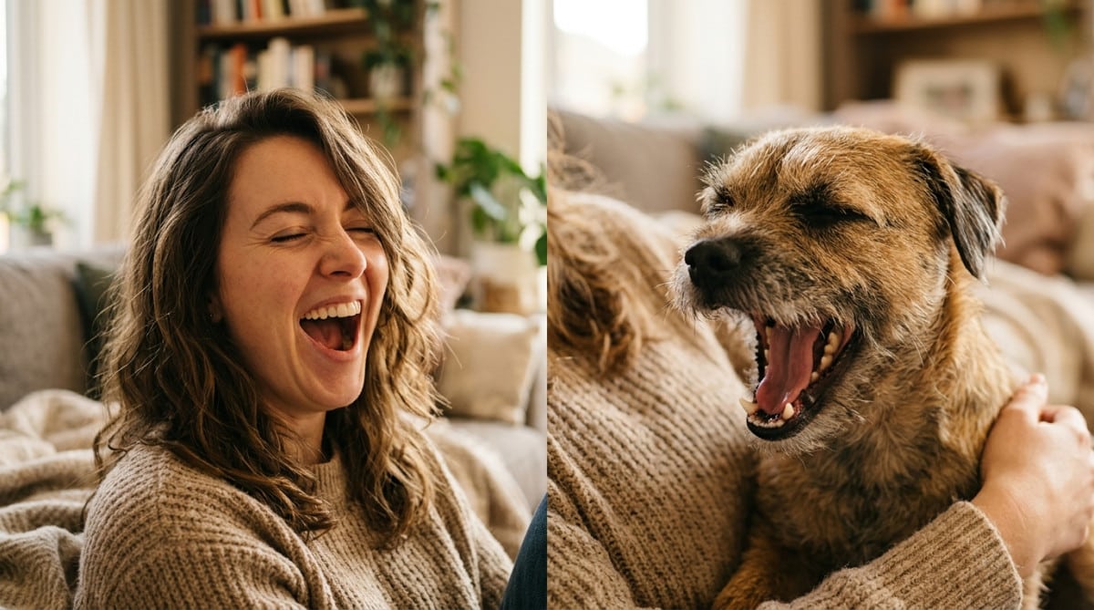 Femme et son chien en pleine contagion de bâillement