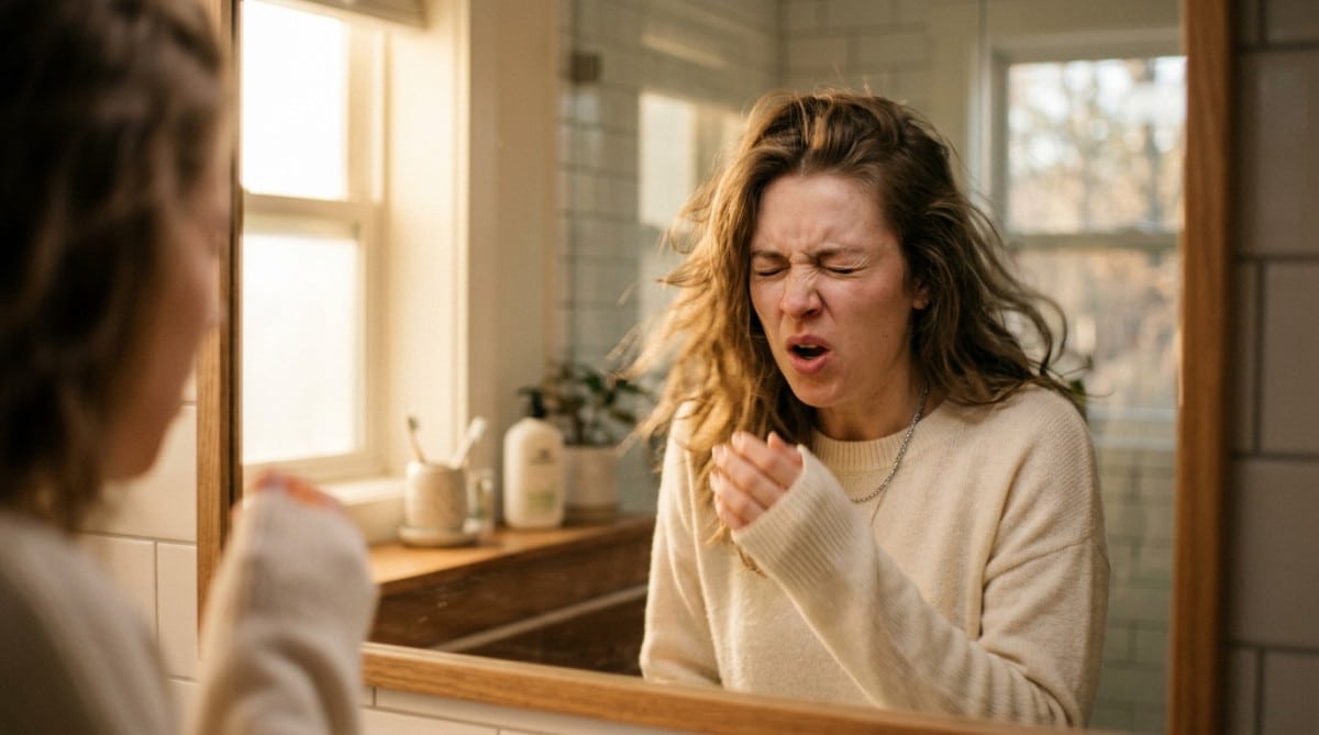 Femme éternuant les yeux fermés devant un miroir