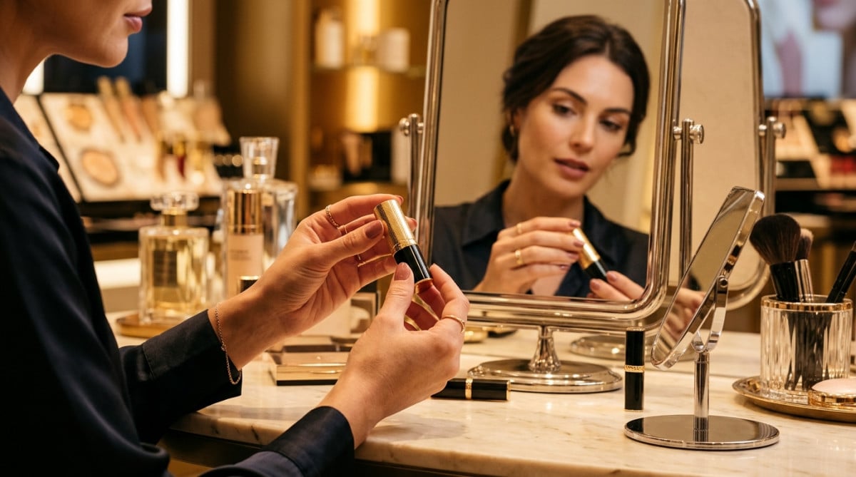 Femme examinant un rouge à lèvres de luxe en boutique