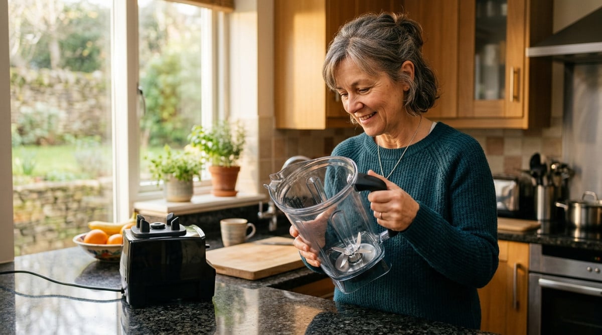 Femme examine un blender professionnel en cuisine