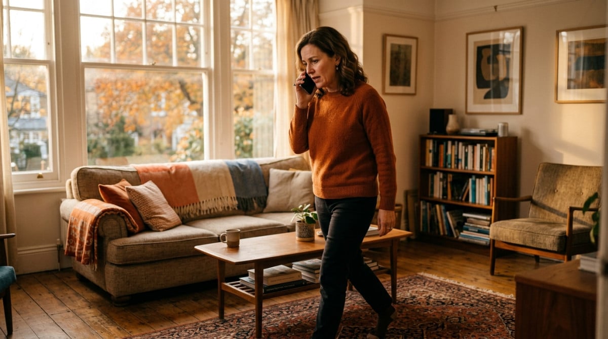 Femme faisant les cent pas en téléphonant chez elle