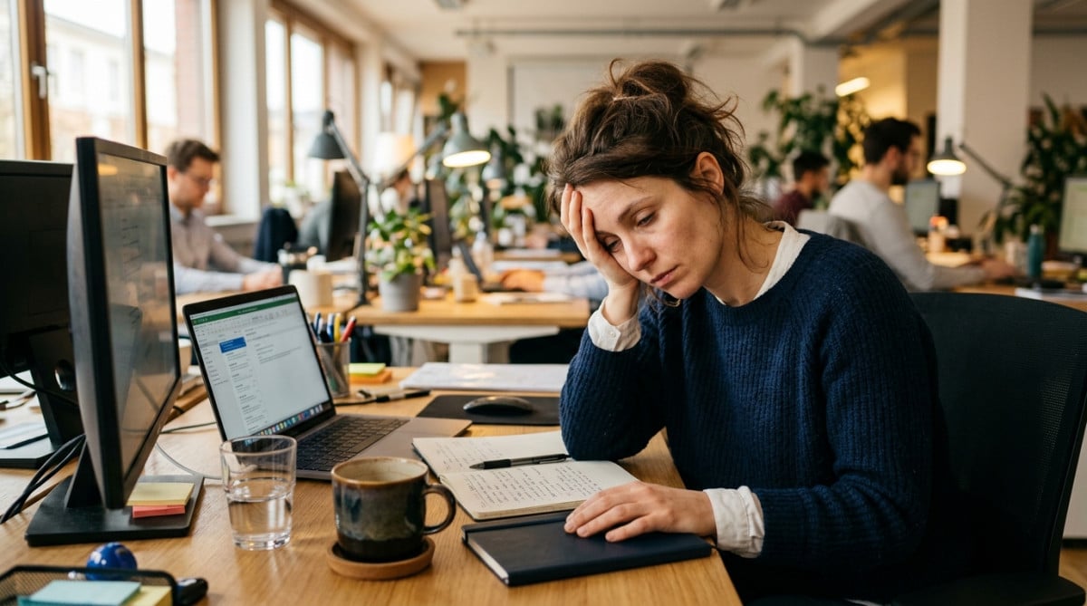 Femme fatiguée au bureau après un café sucré