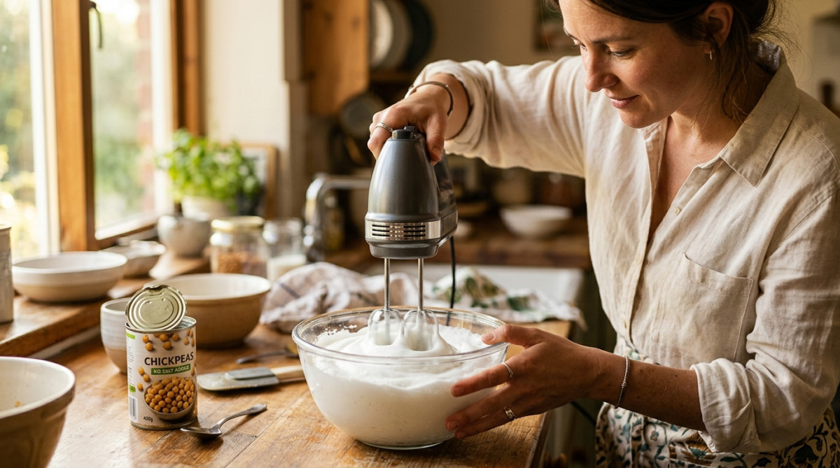 Femme fouettant de l'aquafaba en mousse ferme