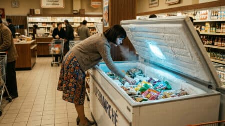 Femme fouillant un coffre à surgelés givré dans les années 1970