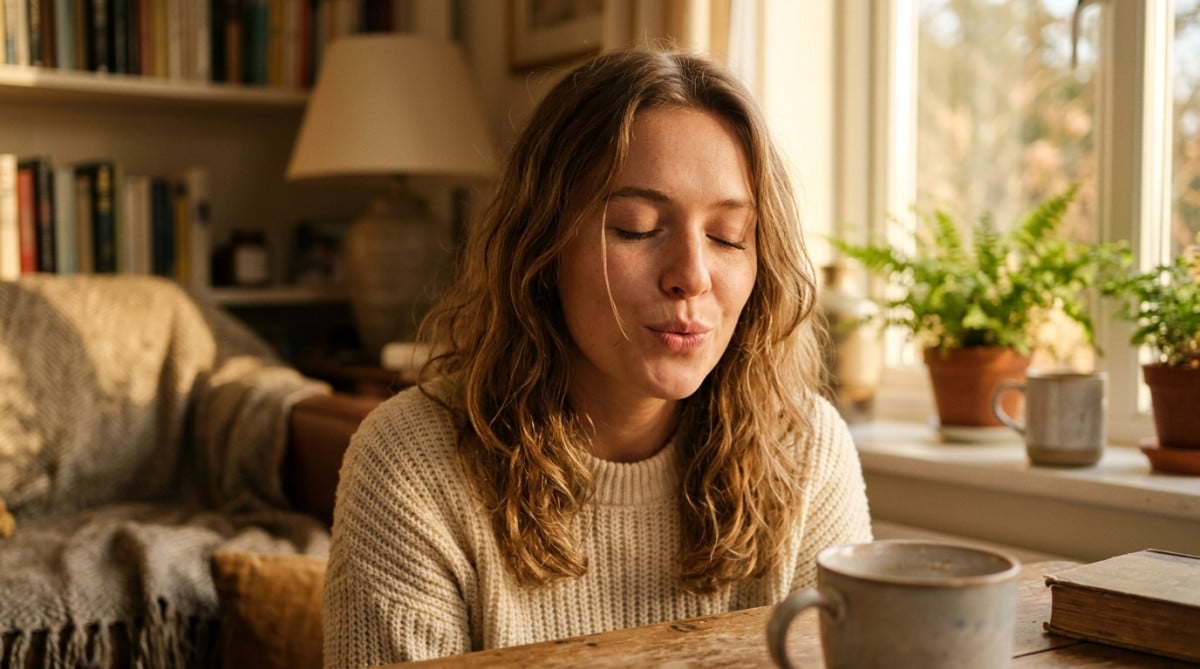 Femme fredonnant une chanson les yeux fermés chez elle