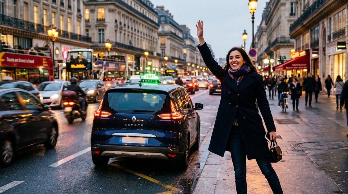 Femme hélant un taxi parisien la nuit