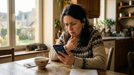 Femme inquiète consultant son application bancaire chez elle