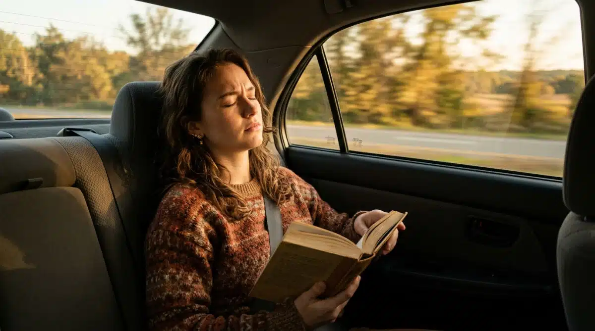 Femme lisant en voiture avec un air nauséeux