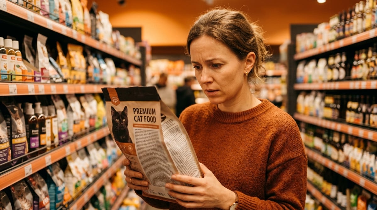 Femme lisant l'étiquette d'un sac de croquettes premium