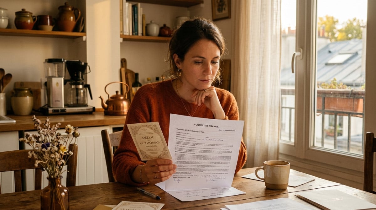 Femme lisant son contrat de travail à la maison