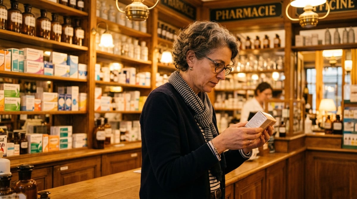 Femme lisant une boîte de médicament en pharmacie