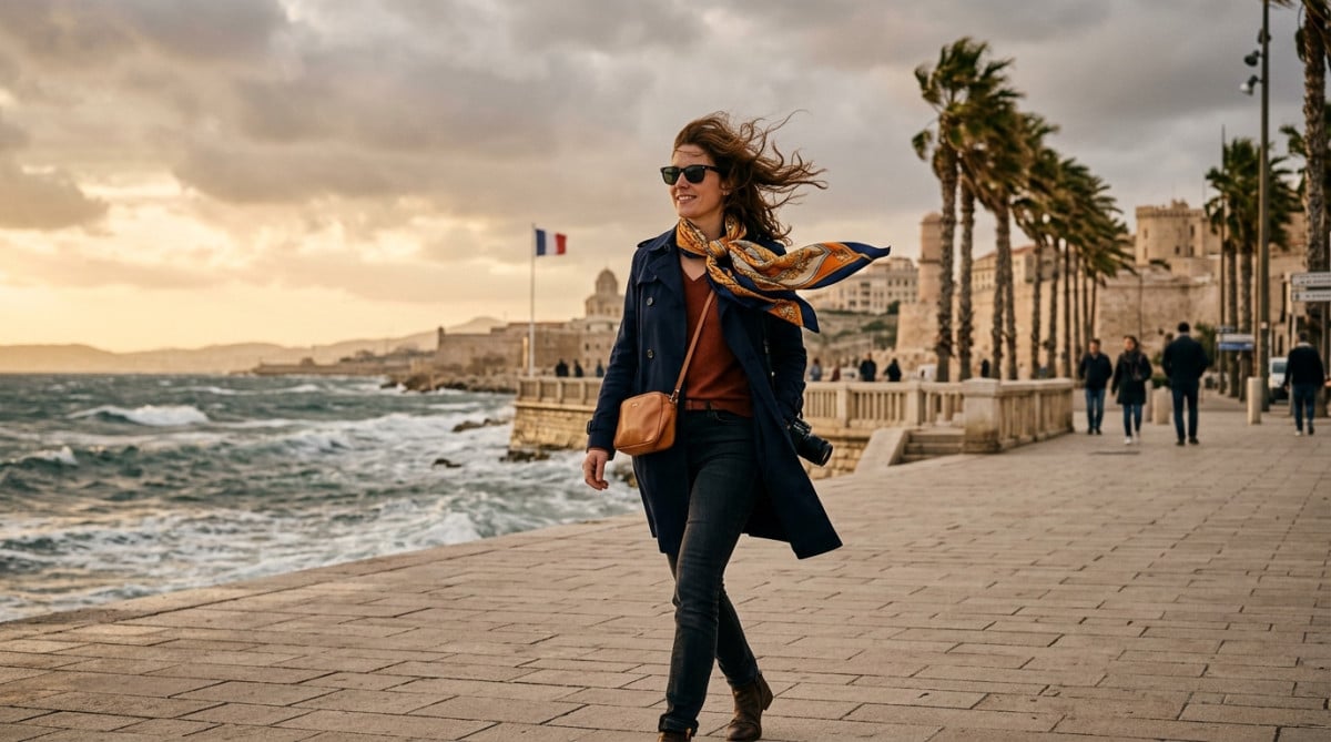 Femme marchant sur le port de Marseille sous le vent
