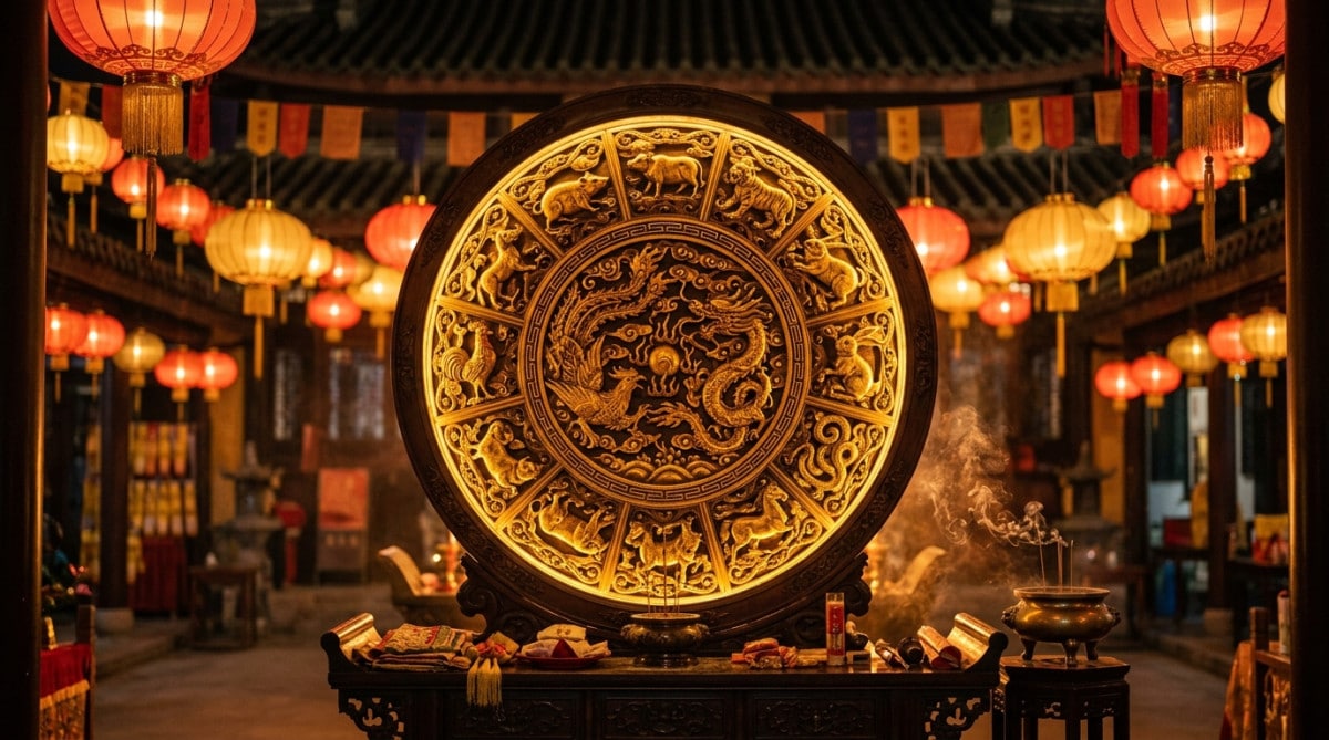 Femme méditant sereinement dans une lumière dorée mystique pour illustrer l'horoscope chinois
