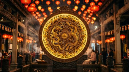Femme méditant sereinement sous une lumière dorée mystique évoquant l'astrologie chinoise