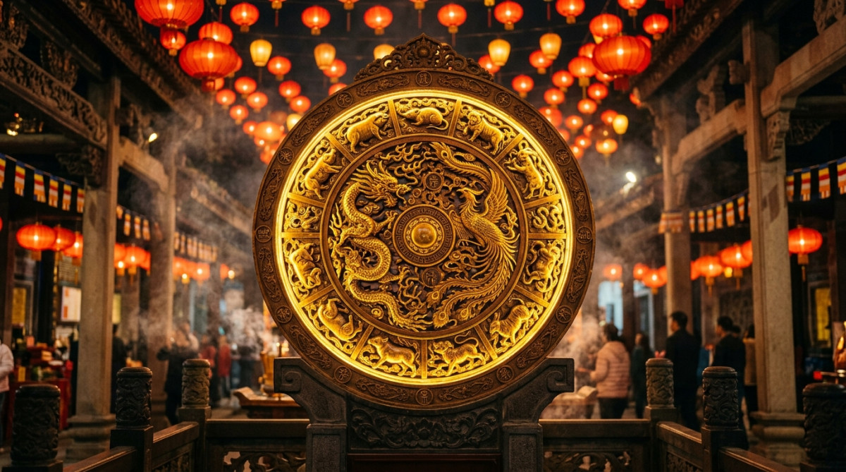 Femme méditant sereinement sous une lumière dorée mystique évoquant l'astrologie chinoise