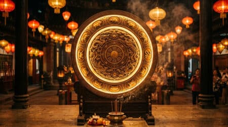 Femme méditant sous les bambous au lever du soleil, ambiance mystique de l'horoscope chinois