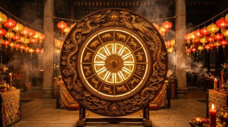 Femme méditant sous une lumière dorée entourée de symboles du zodiaque chinois