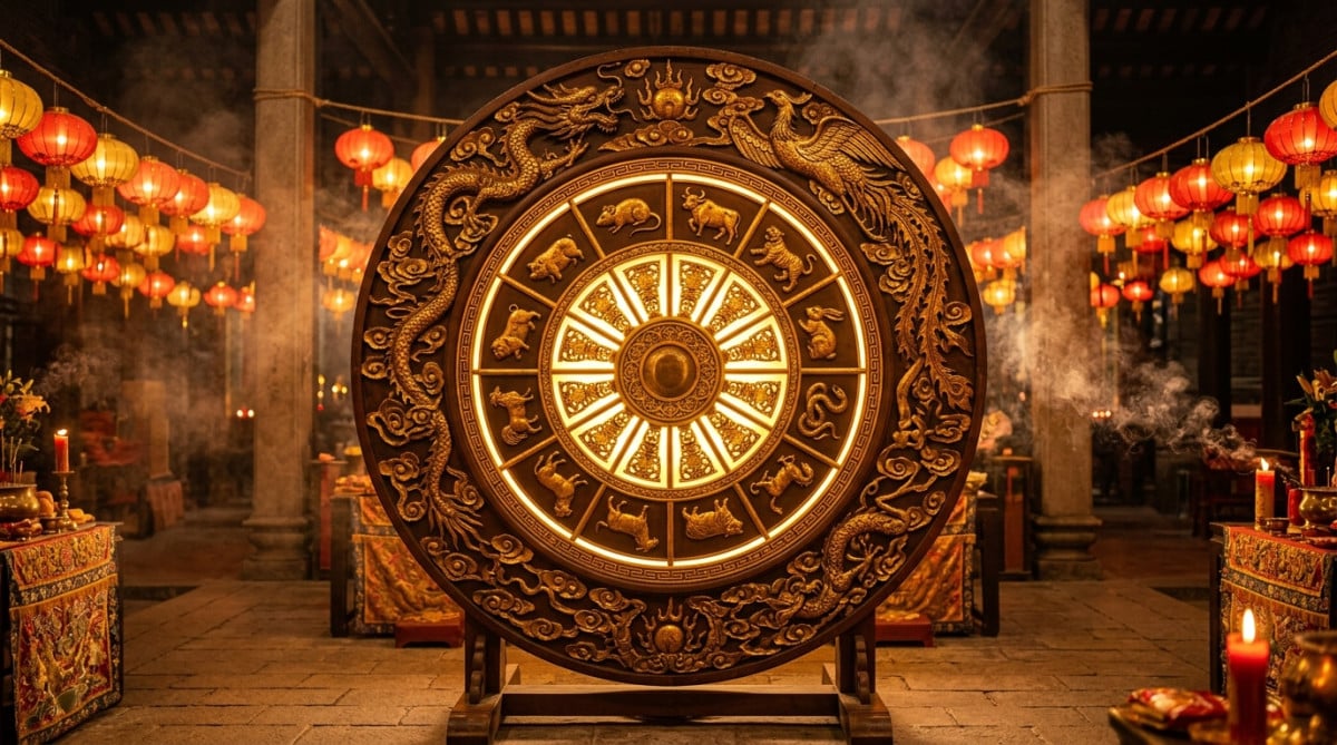 Femme méditant sous une lumière dorée entourée de symboles du zodiaque chinois