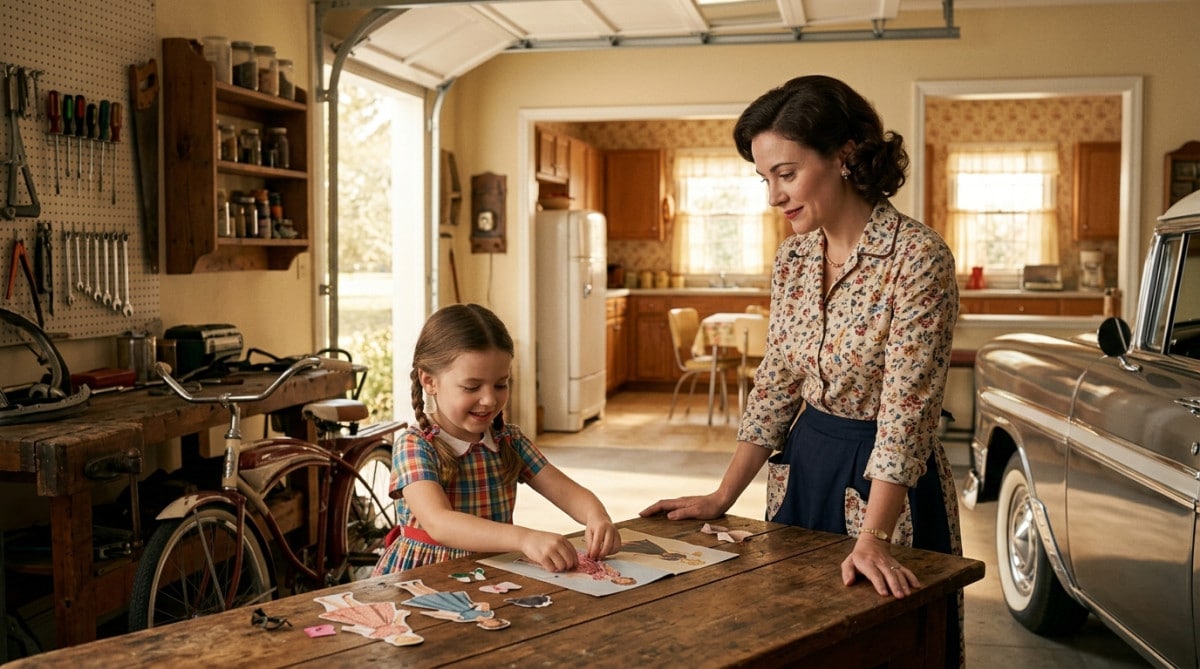 Femme observant sa fille jouer avec des poupées vintage