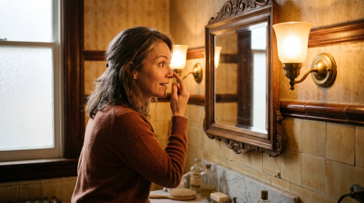 Femme observant son nez dans un miroir