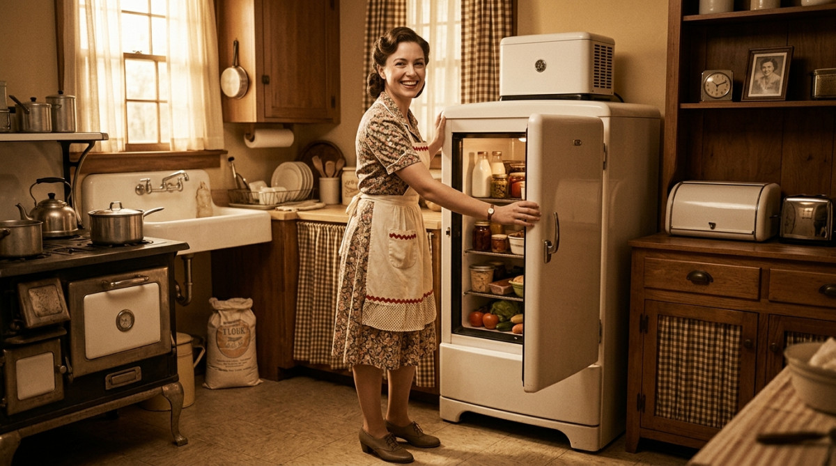 Femme ouvrant un réfrigérateur Frigidaire vintage des années 1930